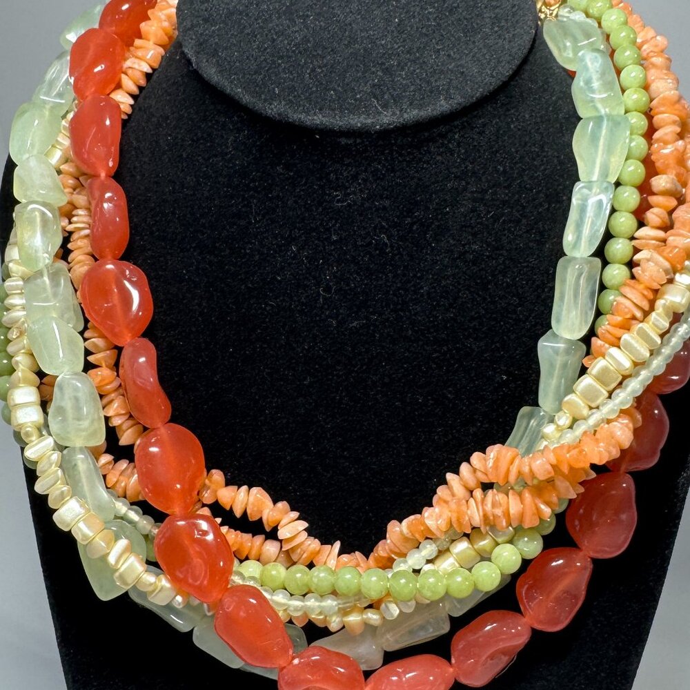 Multi-Strand Bead Necklace, 18 Inches  Coral, Green, & Mother of Pearl